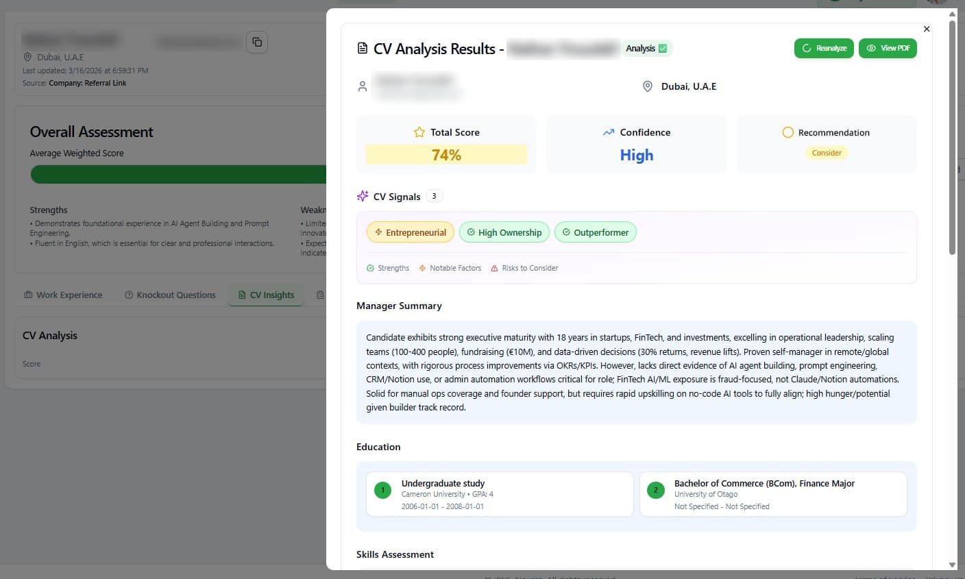 Full candidate profile with CV scores, trust signals, video summaries, skill test results, interview transcripts, and structured scorecards in one view