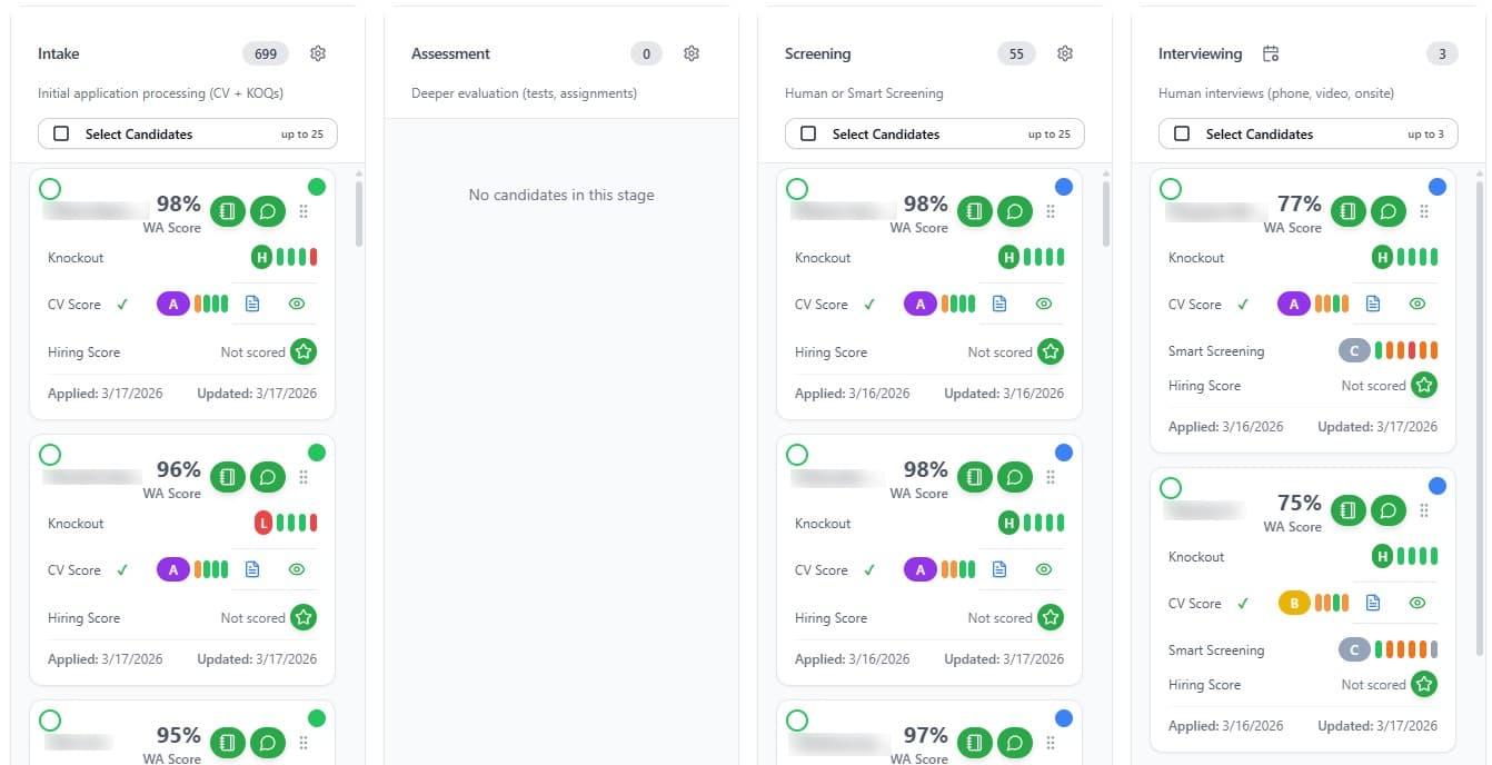 Candidate list with AI-assisted CV scores, evidence reasoning, and trust verification indicators