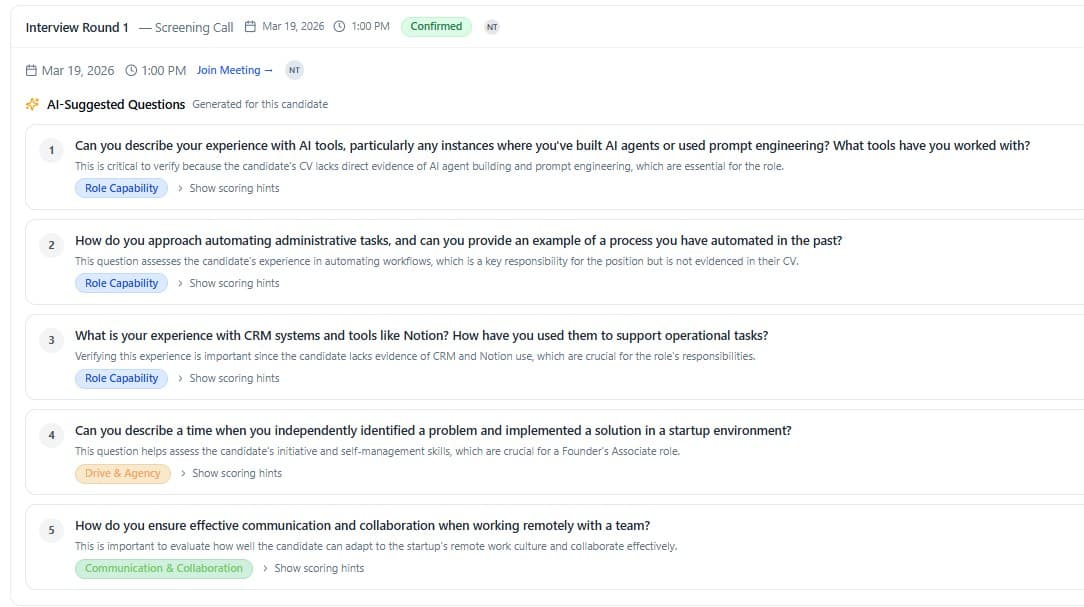 Interview prep kit with suggested questions, scoring rubric, and calendar self-scheduling view