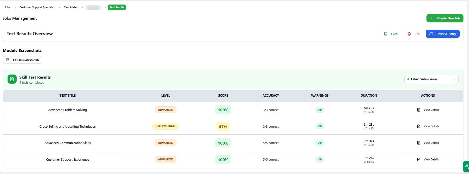 Skill verification test configuration and candidate results dashboard
