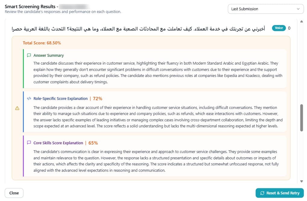 Video screening response with transcript, summary, and score in multiple languages including Arabic